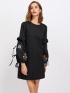 Shein Frill Trim Embroidered Lantern Sleeve Dress