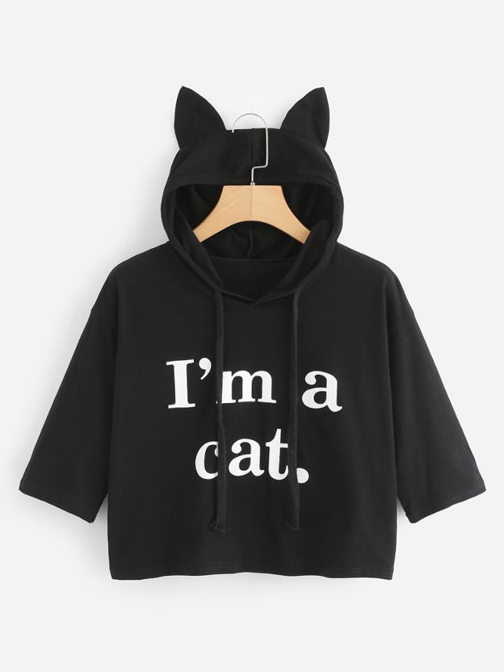 Shein Slogan Print Crop Hooded Tee