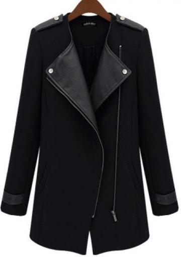 Shein Black Contrast Pu Leather Trims Oblique Zipper Coat