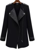Shein Black Contrast Pu Leather Trims Oblique Zipper Coat