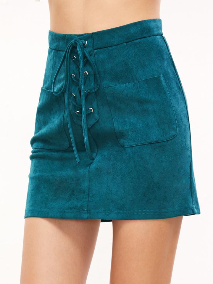 Shein Green Lace Up Front Dual Pocket Suede Skirt