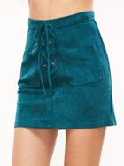 Shein Green Lace Up Front Dual Pocket Suede Skirt