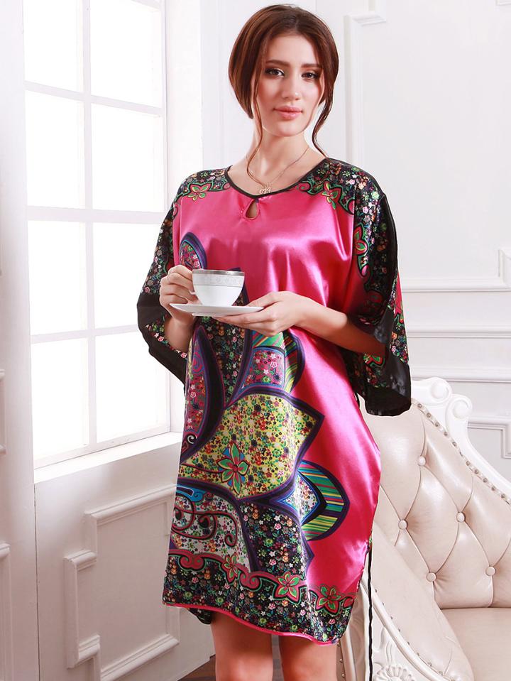 Shein Satin Ornate Print Keyhole Front Kaftan Night Dress