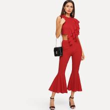 Shein Tiered Layer Ruffle Trim Crop Top & Flare Leg Pants