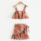 Shein Leaf Print Crop Top With Overlap Skirt