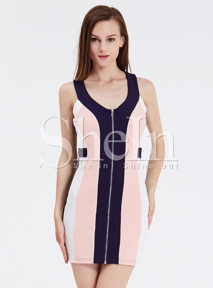 Shein Navy Sleeveless Color Block Zippered Dress