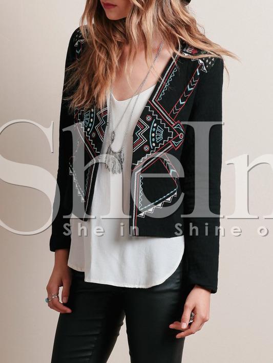 Shein Black Long Sleeve Tribal Embroidered Coat