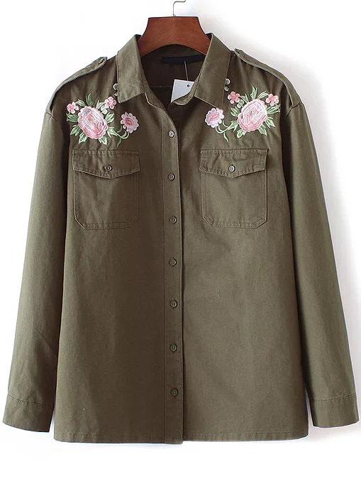 Shein Army Green Flower Embroidery Coat With Pockets