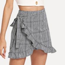 Shein Frill Trim Knot Side Plaid Wrap Skirt