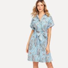 Shein Floral Print Striped Slit Side Shirt Dress