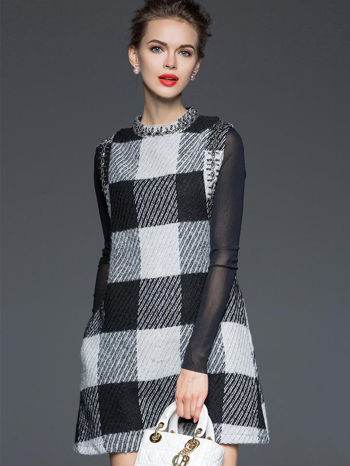 Shein Black Round Neck Sleeveless Plaid A-line Dress