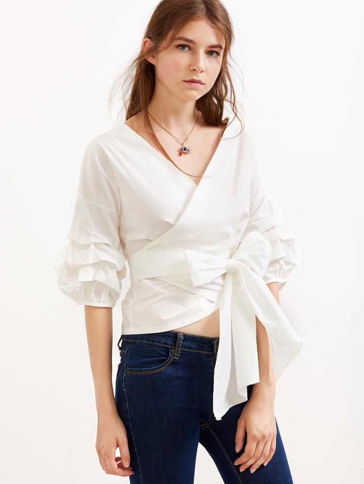 Shein White V Neck Lantern Sleeve Pleated Bow Tie Waist Top