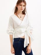 Shein White V Neck Lantern Sleeve Pleated Bow Tie Waist Top