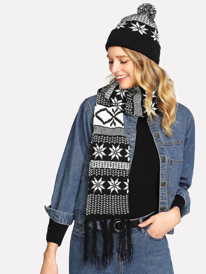Shein Pom Pom Knit Beanie Cap With Scarf