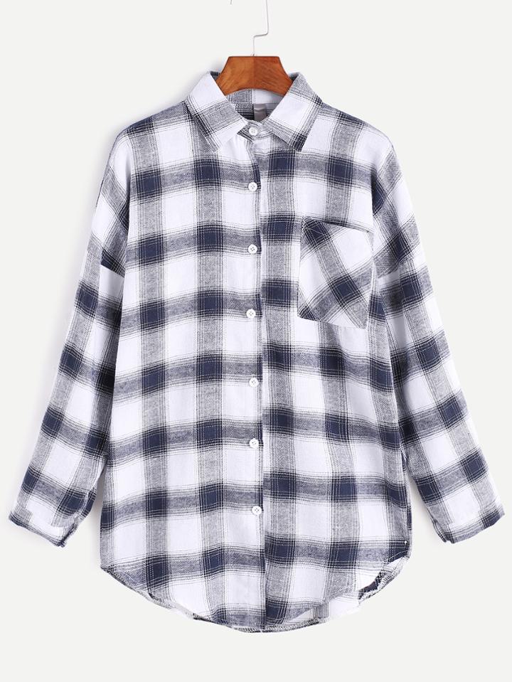 Shein Tartan Plaid Drop Shoulder Curved Hem Pocket Shirt