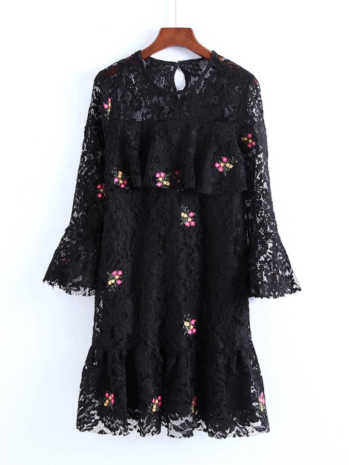Shein Flower Embroidery Flute Sleeve Lace Dress