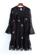 Shein Flower Embroidery Flute Sleeve Lace Dress