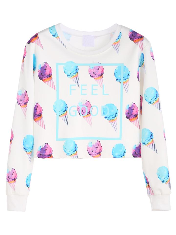 Shein White Ice Cream Print Crop Sweatshirt
