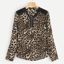 Shein Zip Half Placket Leopard Shirt