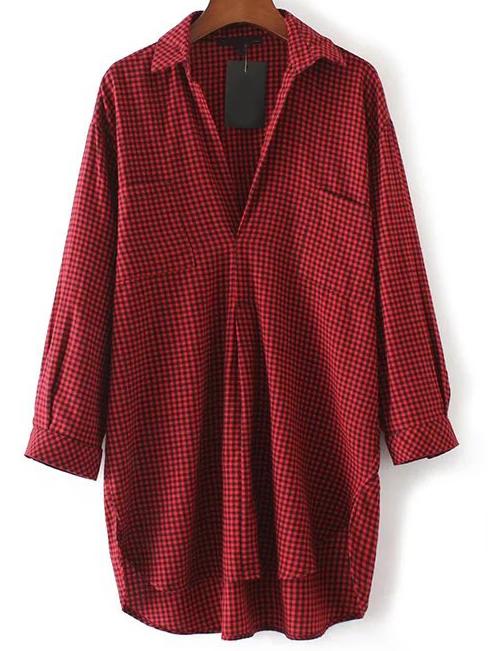 Shein Red Plaid High Low Blouse With Pocket
