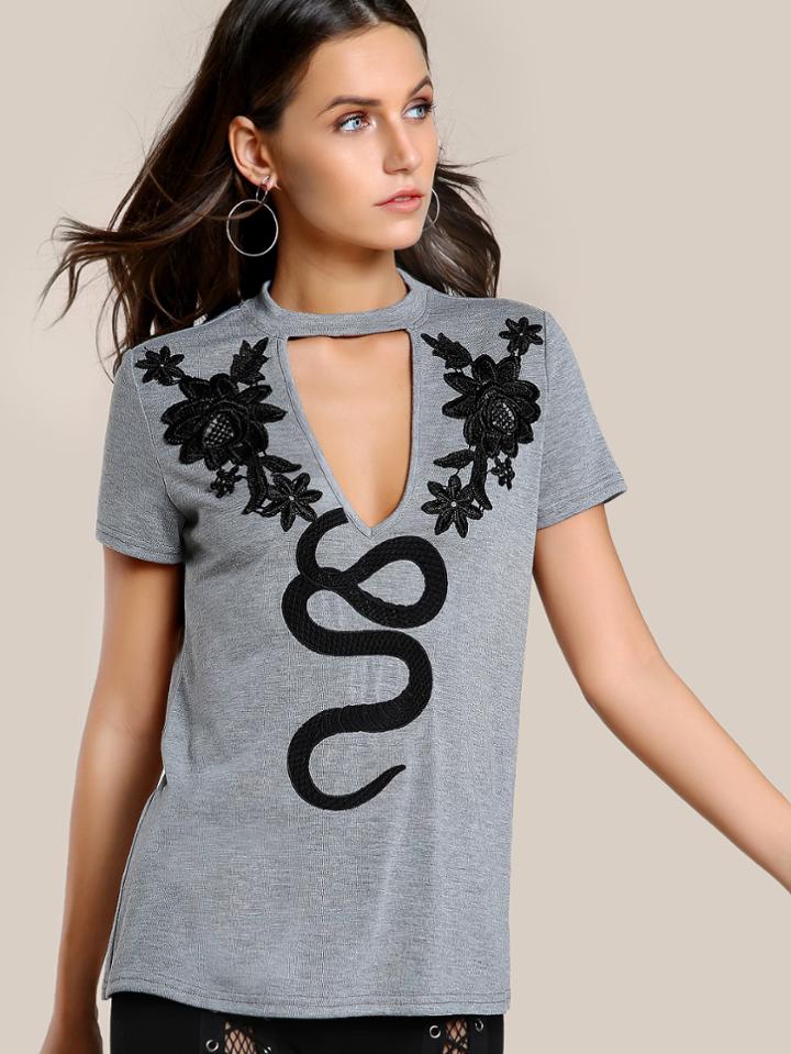 Shein Flower Embroidered Choker Neck Tee