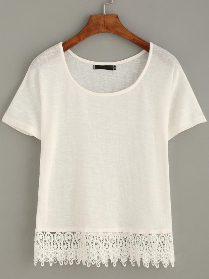 Shein White Crochet Trim T-shirt