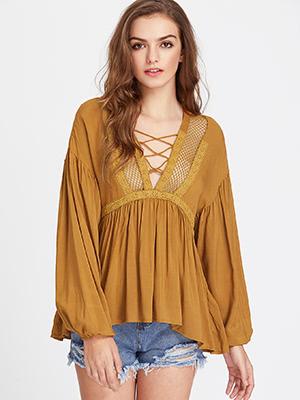 Shein Lace And Fishnet Panel Crisscross Plunge Neck Babydoll Top