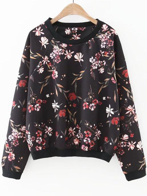 Shein Black Floral Print Raglan Sleeve Sweatshirt