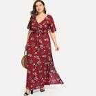Shein Plus Slit Side Fluted Sleeve Botanical Dress