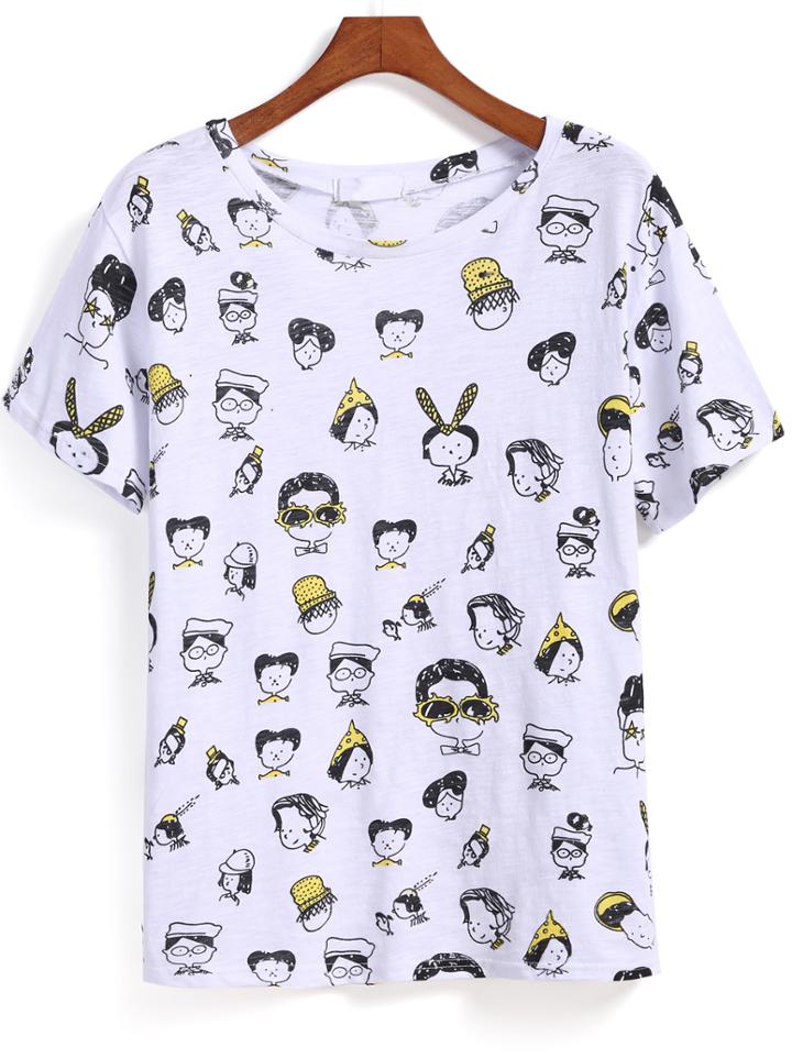 Shein White Short Sleeve Portrait Print T-shirt