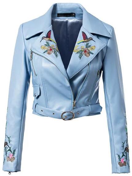 Shein Blue Lapel Flower Embroidery Zipper Crop Jacket