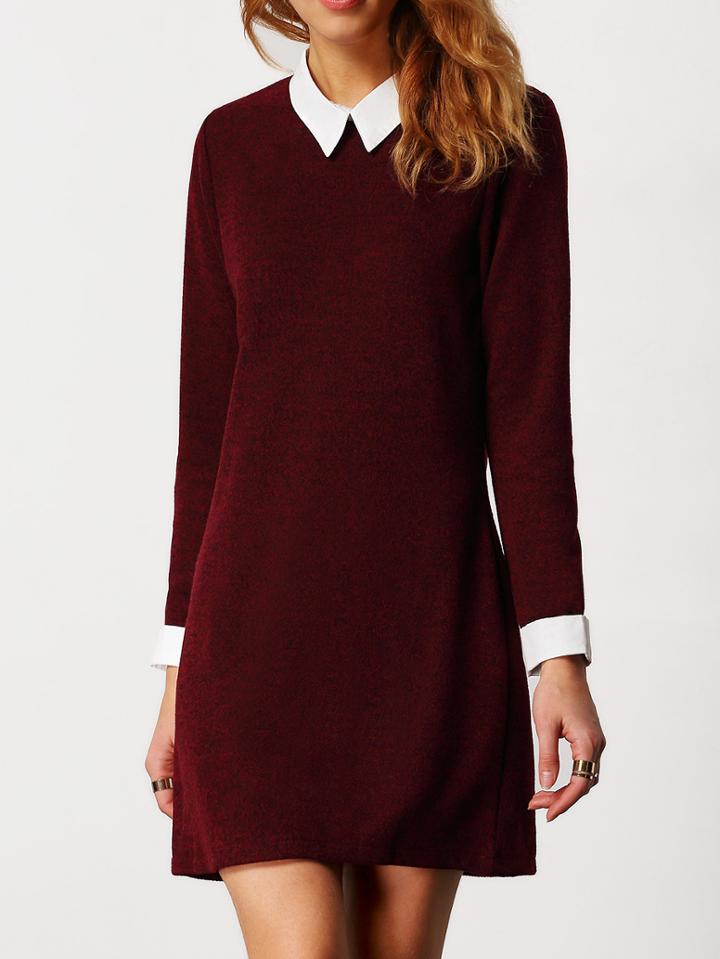 Shein Burgundy Contrast Collar Long Sleeve Slim Dress