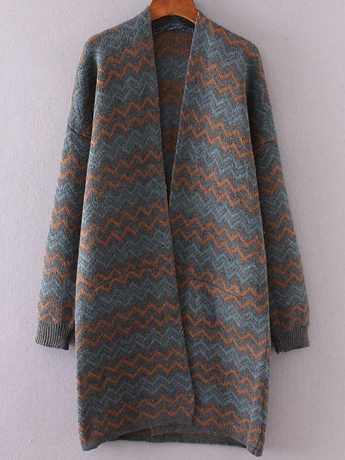 Shein Grey Wave Pattern Open Front Long Cardigan