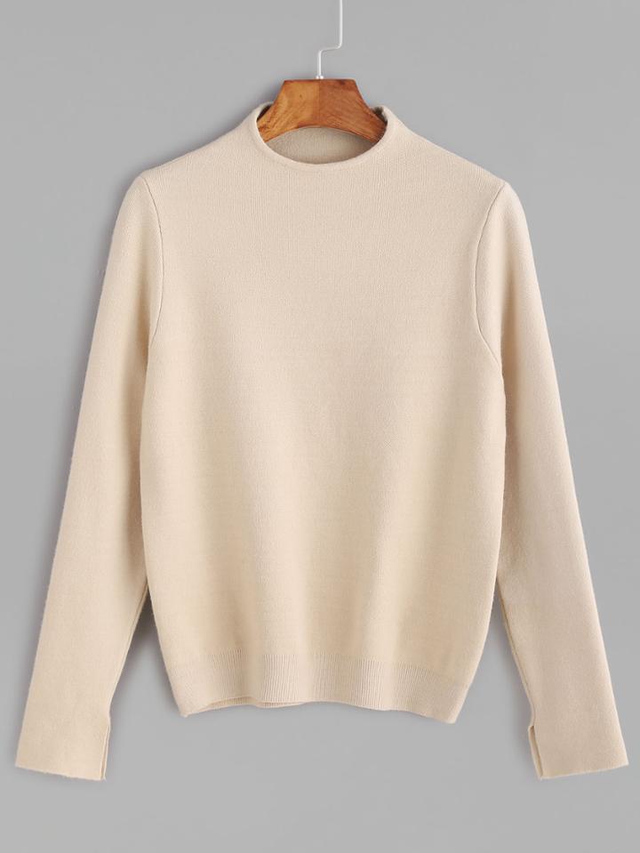 Shein Apricot Mock Neck Slit Cuff Jersey Sweater