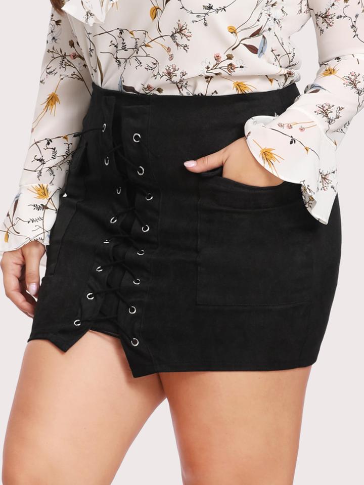 Shein Lace Up Suede Bodycon Skirt