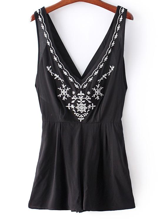 Shein Black Deep V Neck Flower Embroidery Backless Romper