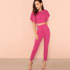 Shein Layered Flutter Sleeve Crop Top And Pants Set