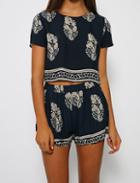 Shein Navy Short Sleeve Leaves Print Crop Top With Shorts