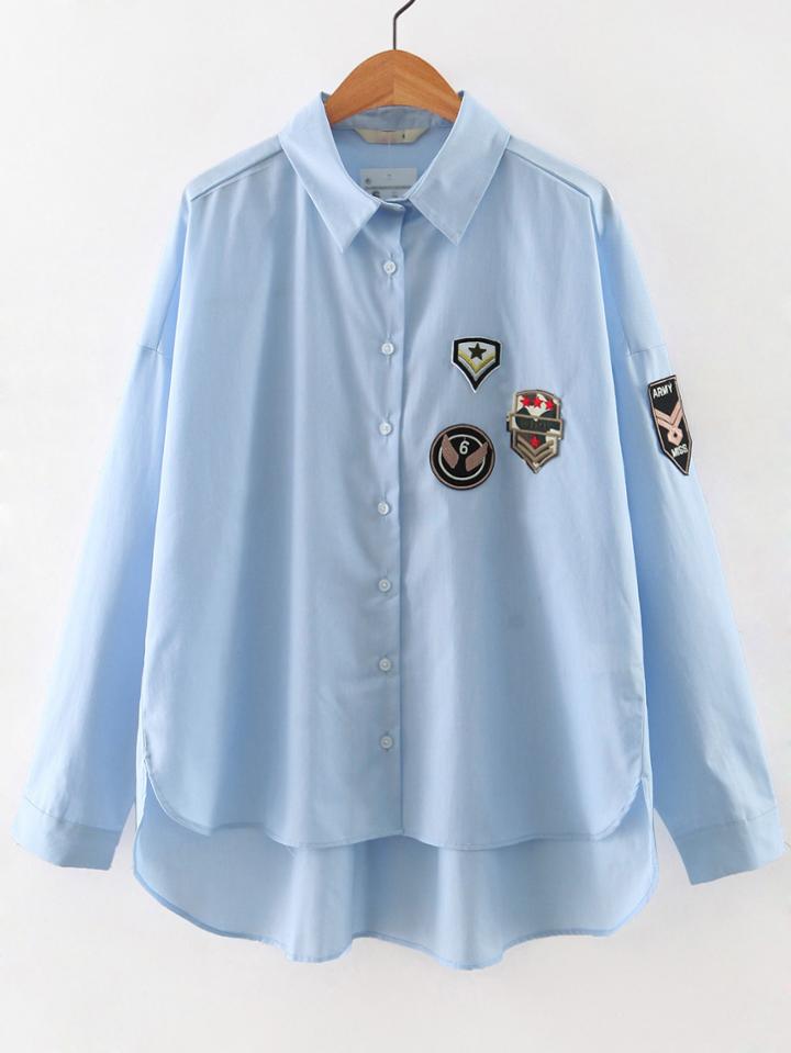 Shein Blue Button Front Dipped Hem Applique Blouse