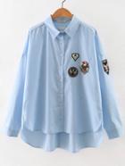 Shein Blue Button Front Dipped Hem Applique Blouse