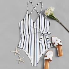 Shein Plus Striped Criss Cross Swimsuit