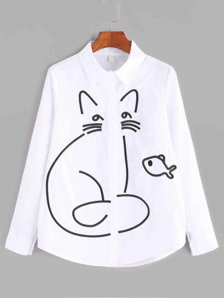 Shein White Cartoon Embroidered Curved Hem Shirt