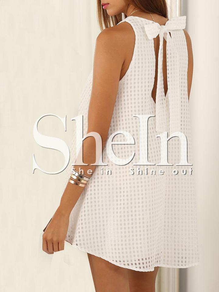Shein White Sleeveless Grid Bow Dress