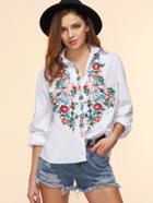 Shein White Flower Embroidered High Low Blouse