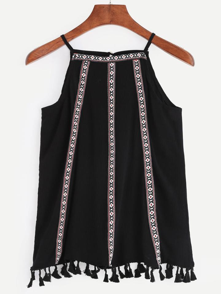 Shein Embroidery Black Cami Top With Tassel Trim