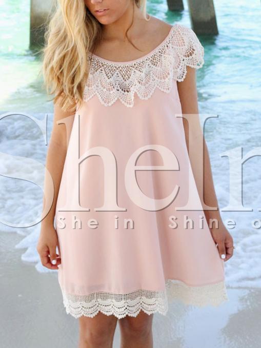 Shein Pink Blush Sleeveless With Lace Babydoll Dress