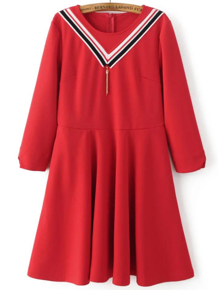 Shein Red Chevron Pattern A Line Dress With Tassel