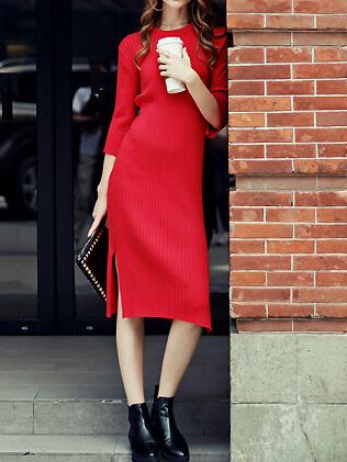 Shein Red Round Neck Rib Split Sweater Dress