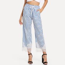 Shein Drawstring Waist Eyelash Lace Hem Striped Pants