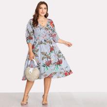 Shein Plus Surplice Wrap Floral & Striped Dress